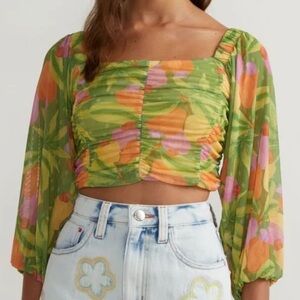 Floral Ruched Square-Neck Crop Top - Green Multi